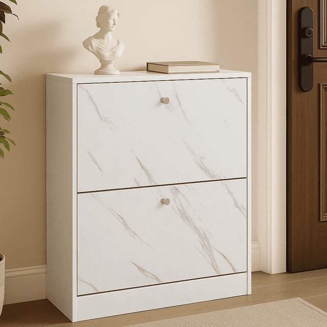 Dowellia 2 Drawer Shoe Cabinet,Wooden Shoes Organizer Cupboard Unit Hallway Furniture,freestanding Entryway 2 tier Modern Shoe Rack Cabinet Footwear Stand for Shoes (Marble White)