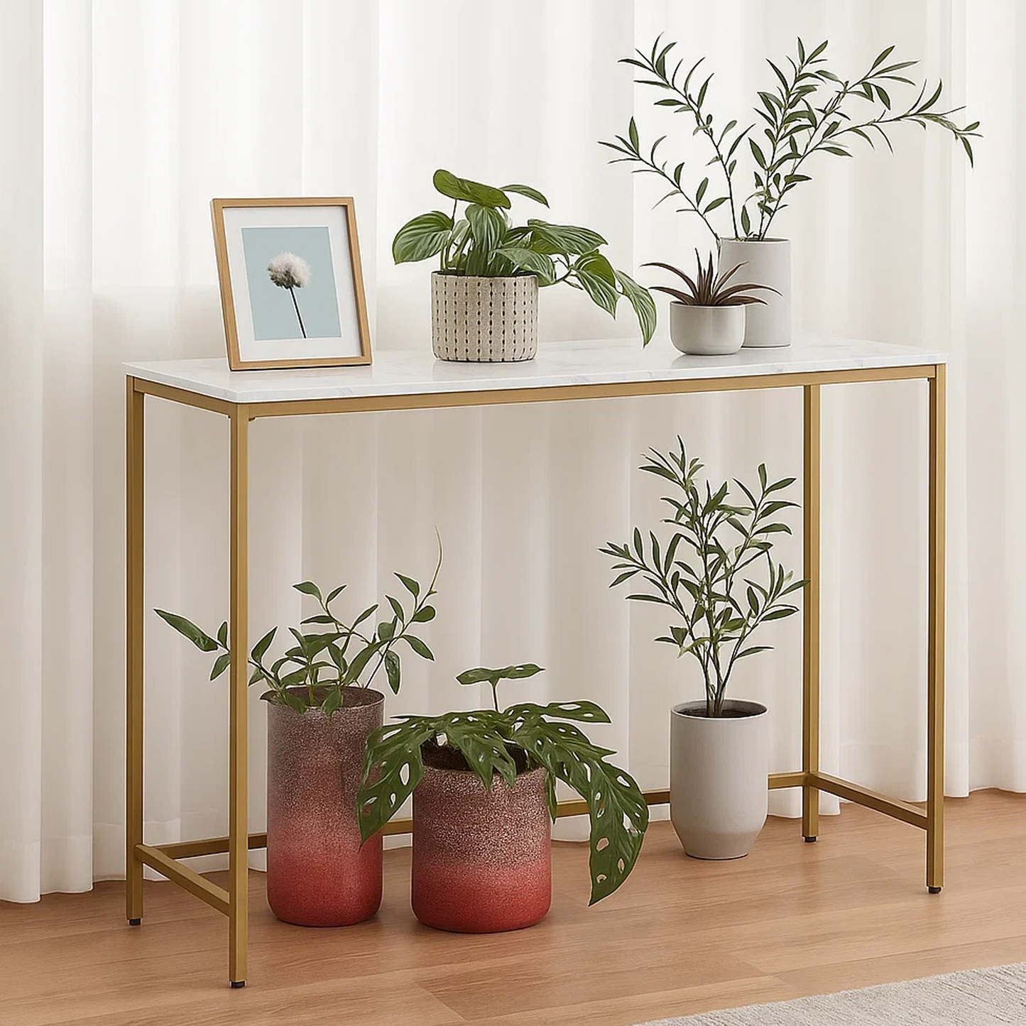 Dowellia Entryway Dresser, Faux Marble MDF Style Panel Sofa Table with Gold Border (Single, White Marble)