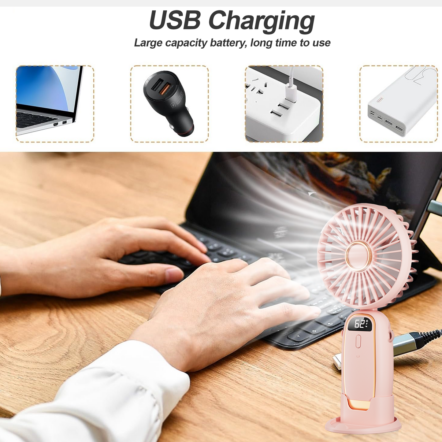 Portable Handheld Fan, Portable Fan with Base, LED Display, 5-Speed Wind, Foldable Fan, Rechargeable 3 in 1 Handheld/Neck/Desk Fan for Outdoor Indoor, Pink
