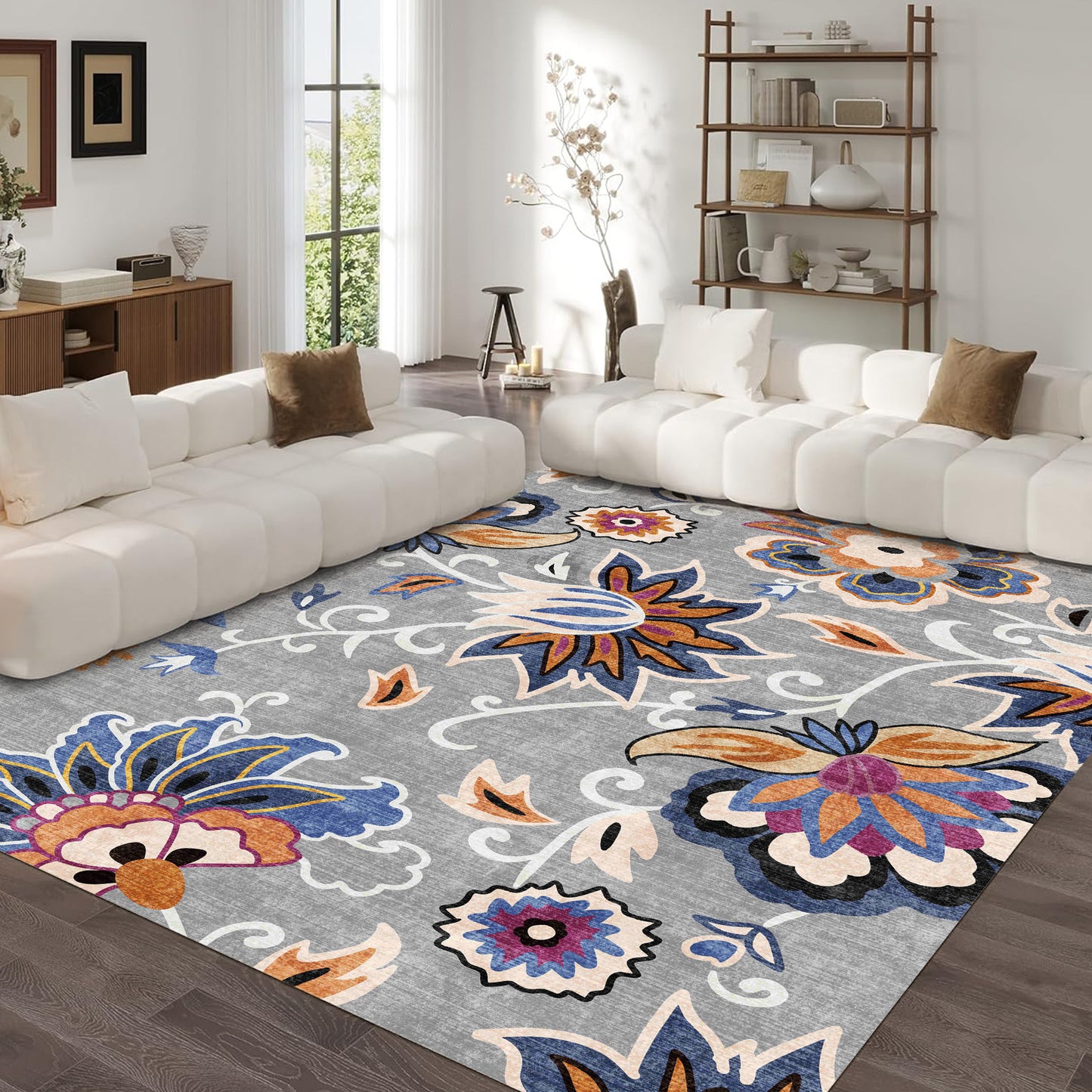 Floral Area Rug 8x10 Living Room Rug Non Slip Washable Bedroom Rug Soft Low Pile Flowers Floor Carpet for Dining Room,Blue