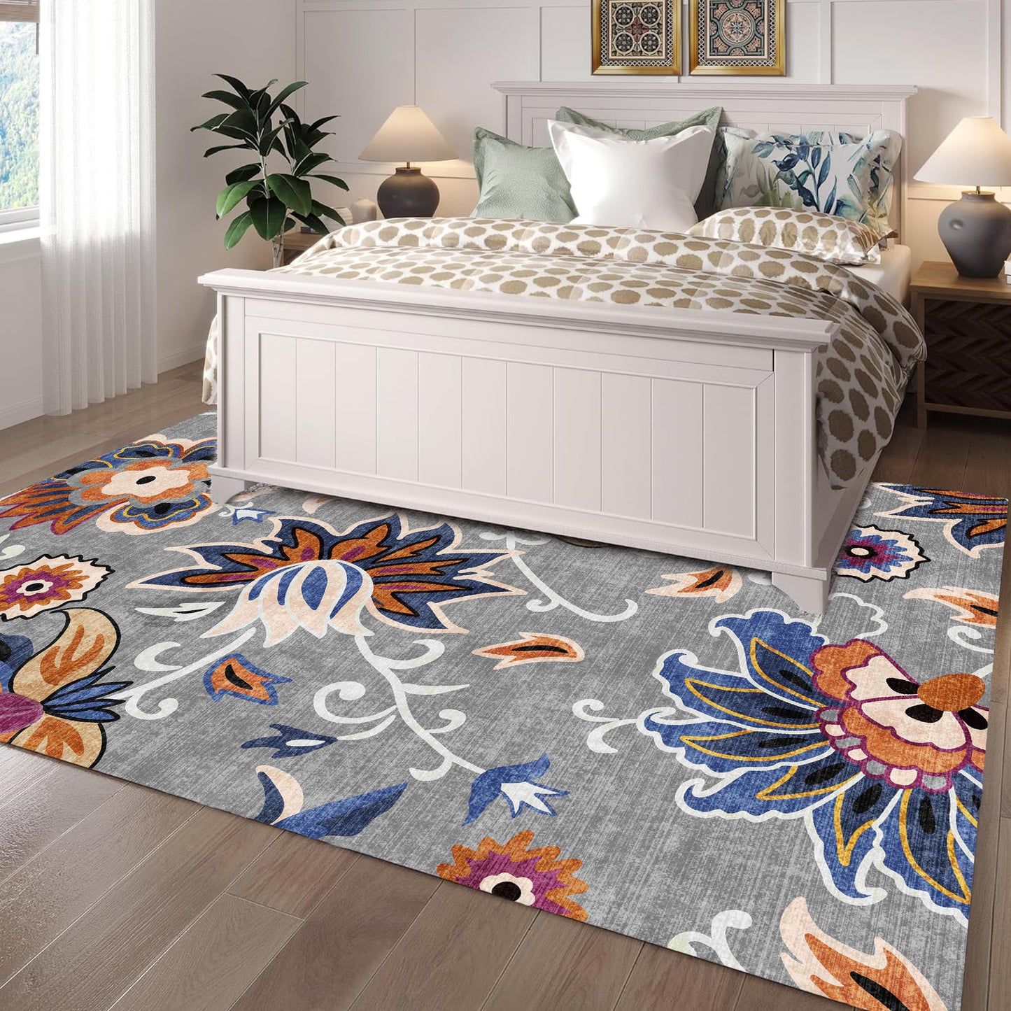 Floral Area Rug 6x9 Living Room Rug Non Slip Washable Bedroom Rug Soft Low Pile Flowers Floor Carpet for Living Dining Room,Blue