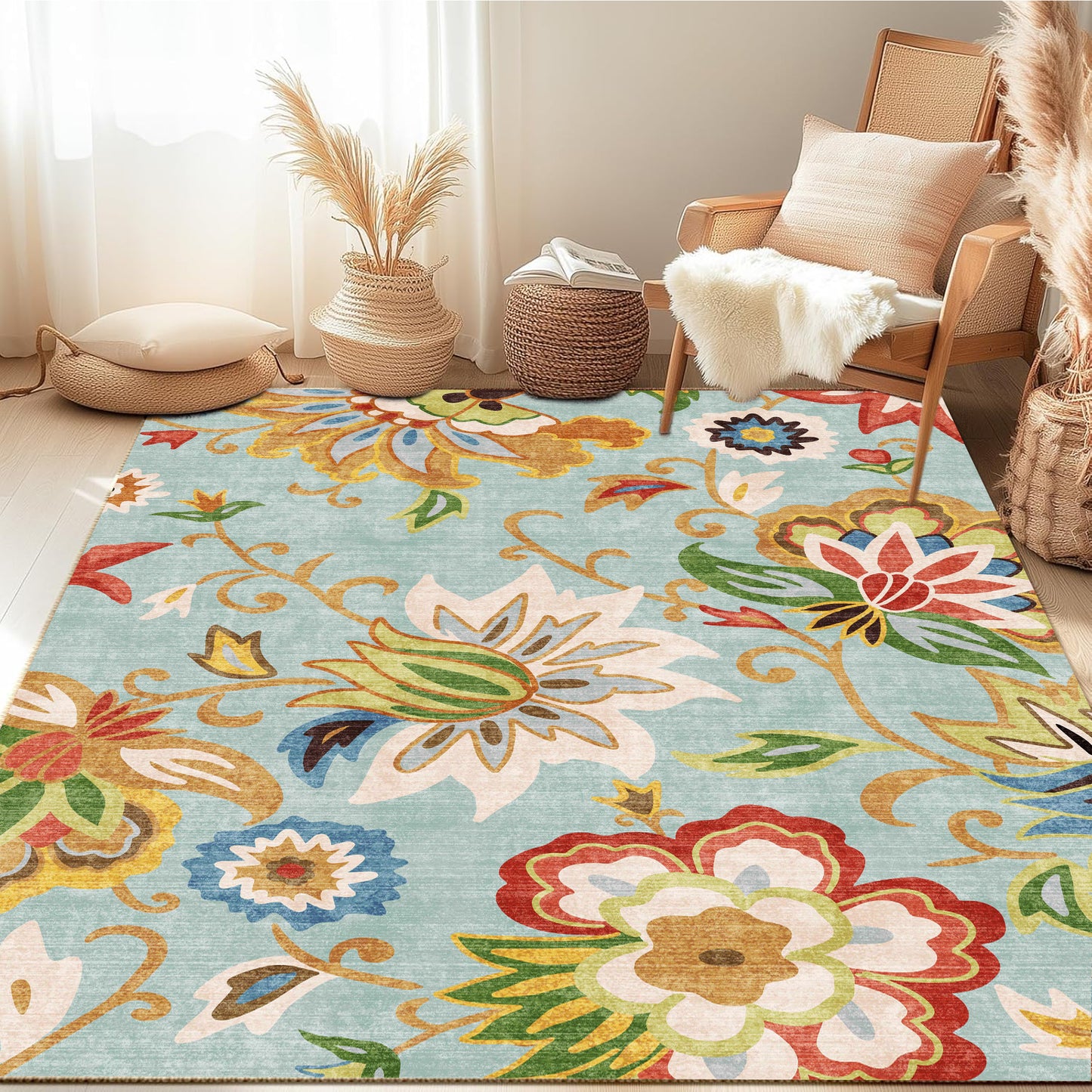 Floral Area Rug 5x7 Living Room Rug Non Slip Washable Bedroom Rug Soft Low Pile Flowers Floor Carpet for Living Dining Room,Red