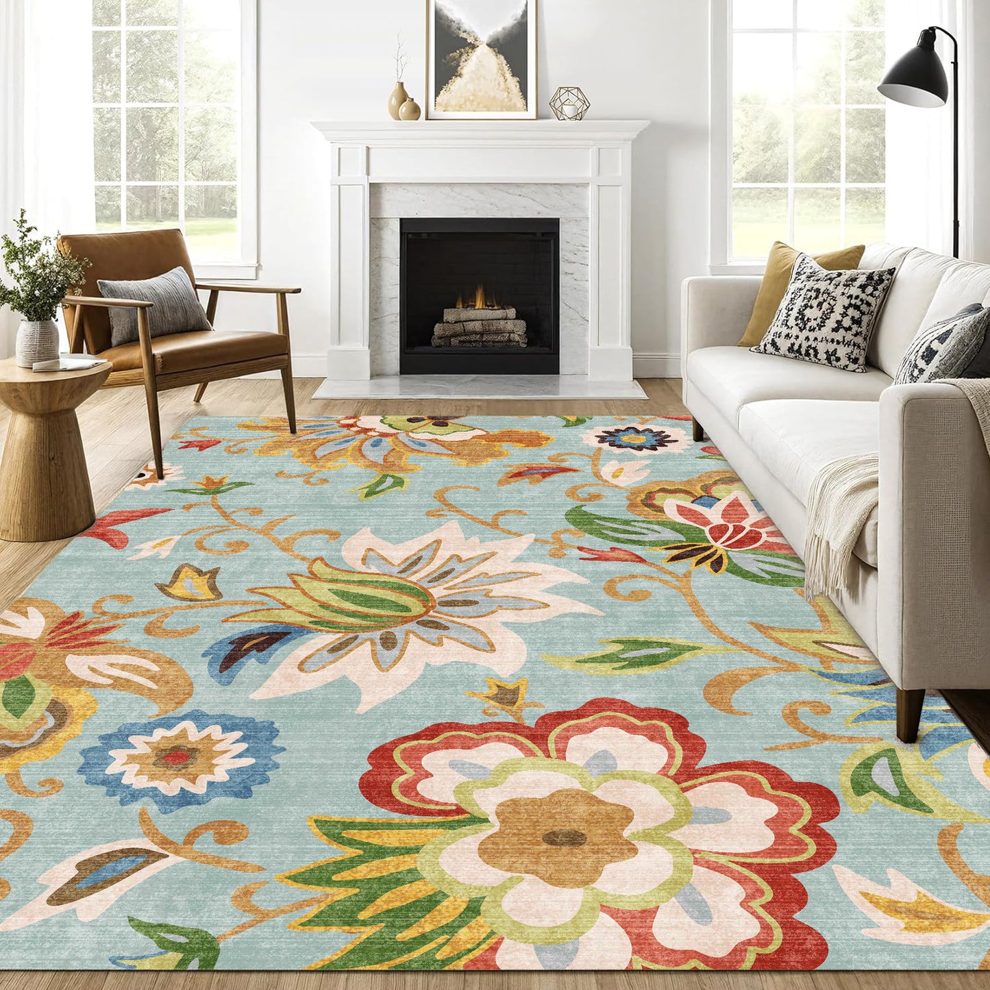 Floral Area Rug 8x10 Living Room Rug Non Slip Washable Bedroom Rug Soft Low Pile Flowers Floor Carpet for Dining Room,Red