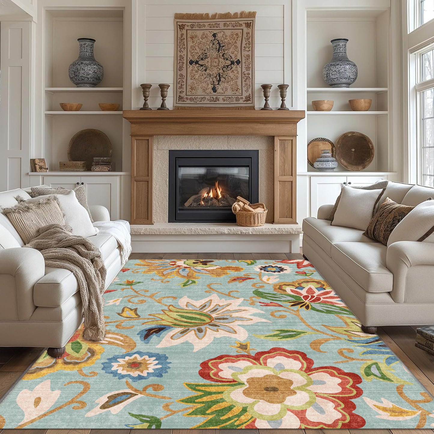 Floral Area Rug 6x9 Living Room Rug Non Slip Washable Bedroom Rug Soft Low Pile Flowers Floor Carpet for Living Dining Room,Red