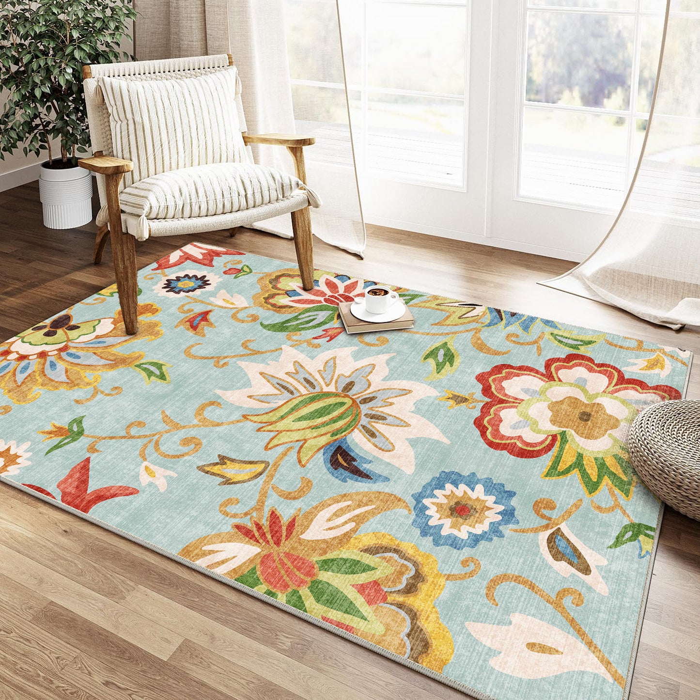 Floral Area Rug 3x5 Bedroom Rug Non Slip Washable Living Room Rug Soft Low Pile Flowers Carpet for Entryway,Red