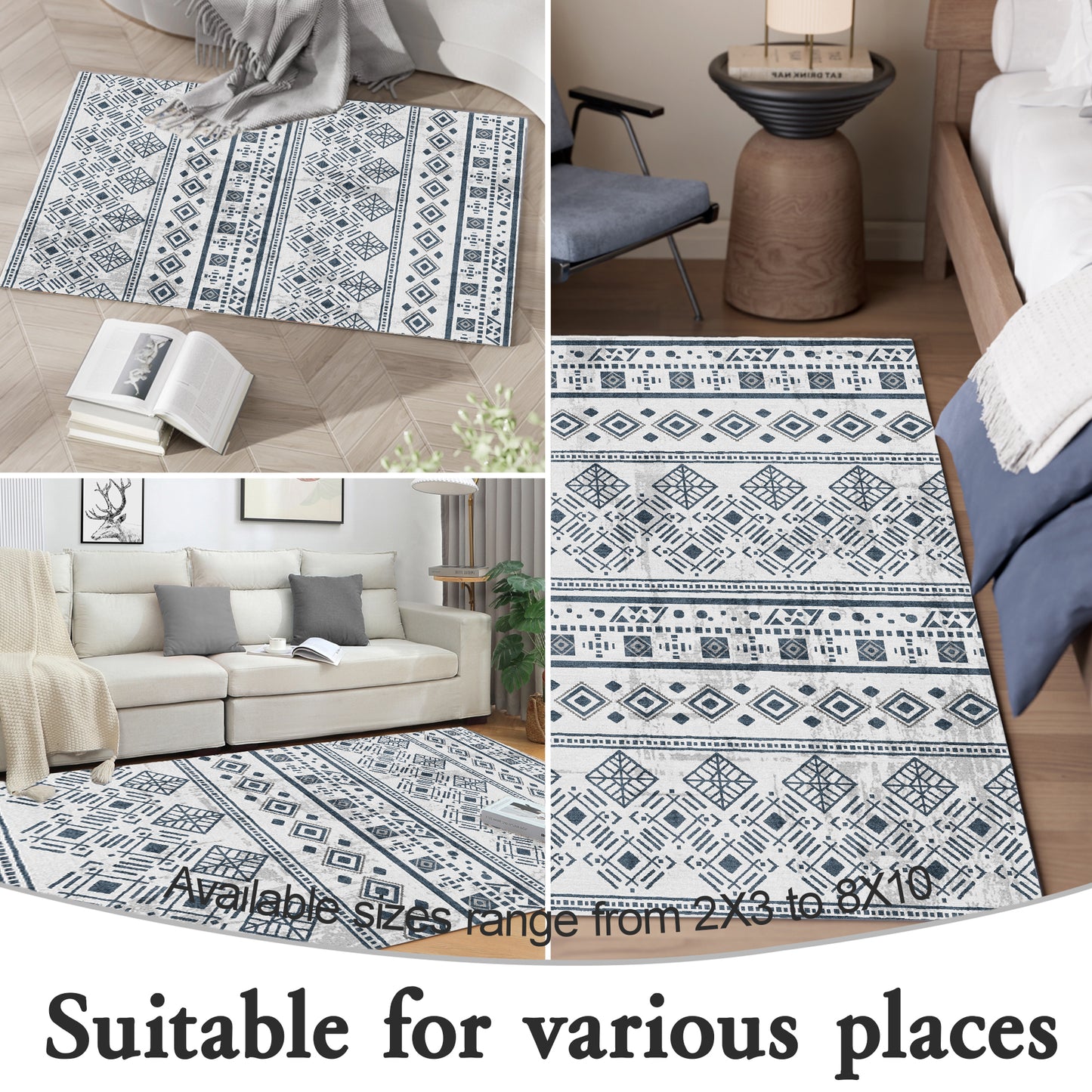 Rugs for Entryway, 2x3 Black Washable Small Area Rug, Non-Slip Ultra Soft Vintage Geometric Low-Pile Indoor Door Mat Floor Carpet for Indoor, Entrance, Kitchen