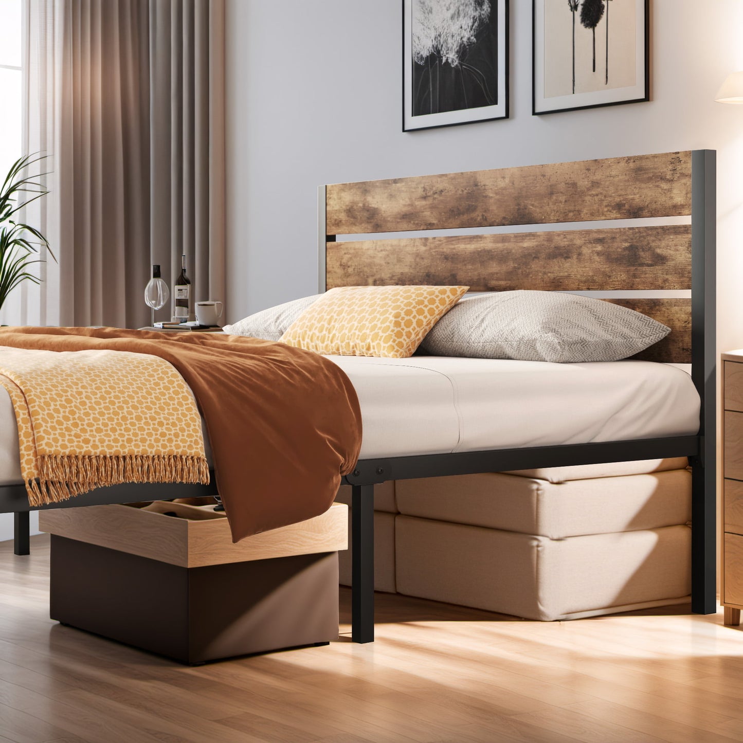 Dowellia Queen Bed Frame with Headboard and Footboard, Metal Support, Rustic Brown