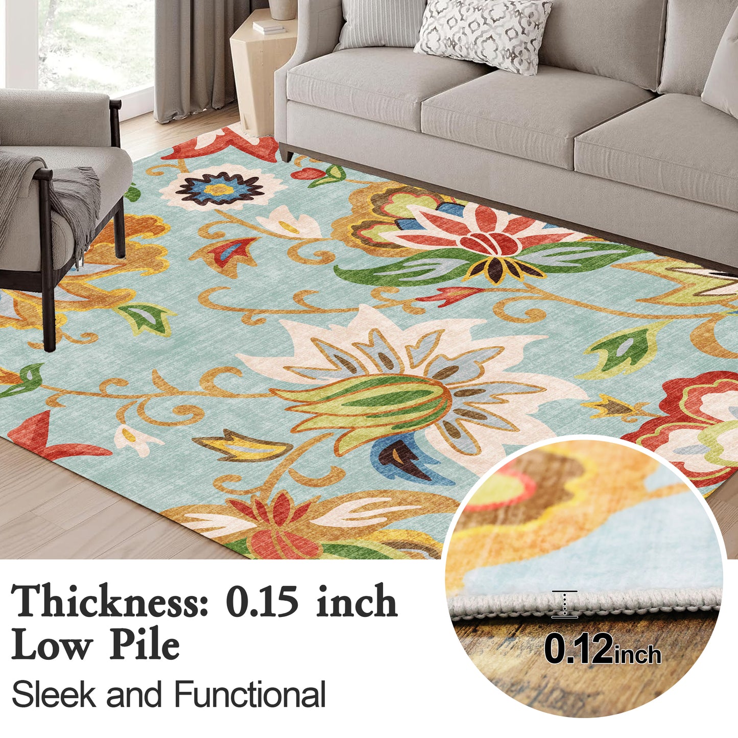Floral Area Rug 6x9 Living Room Rug Non Slip Washable Bedroom Rug Soft Low Pile Flowers Floor Carpet for Living Dining Room,Red