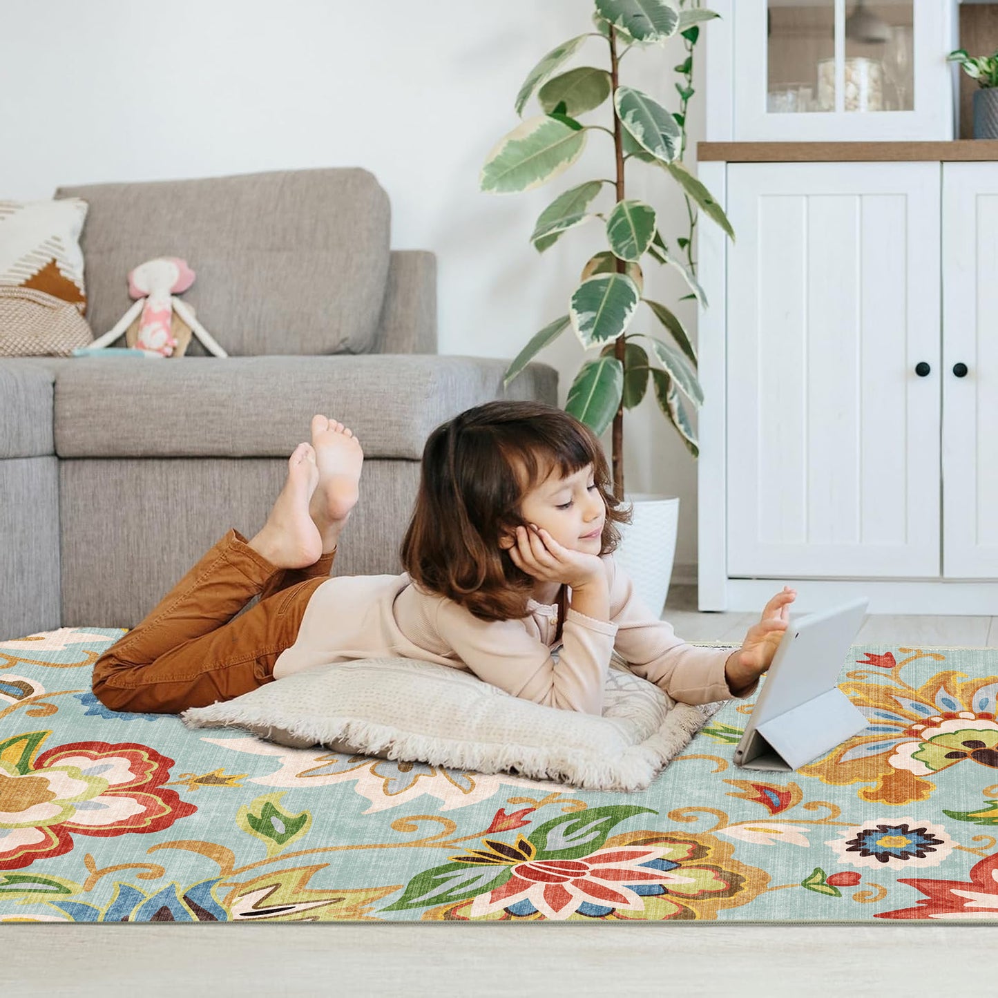 Floral Area Rug 3x5 Bedroom Rug Non Slip Washable Living Room Rug Soft Low Pile Flowers Carpet for Entryway,Red
