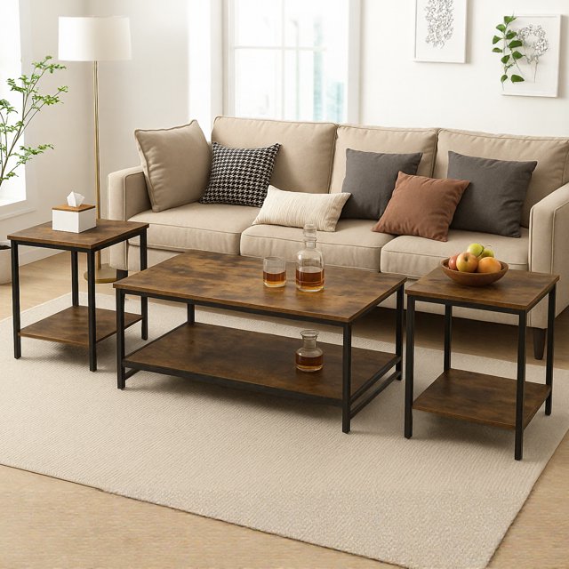 Dowellia 3-Piece Coffee Table Set for Living Room, End Table Set with Storage, Includes 1 Coffee Table and 2 End Tables, Rustic Brown