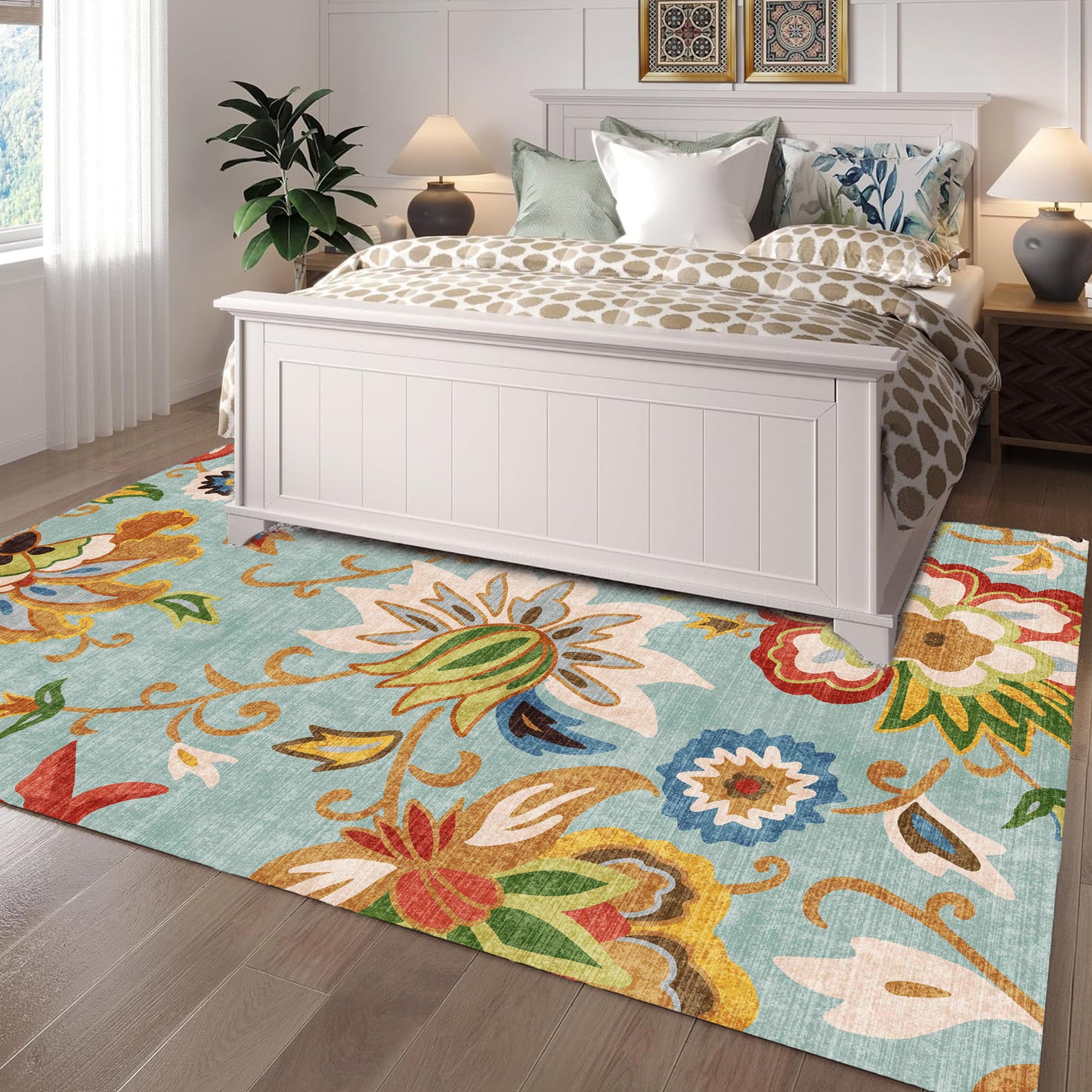 Floral Area Rug 6x9 Living Room Rug Non Slip Washable Bedroom Rug Soft Low Pile Flowers Floor Carpet for Living Dining Room,Red