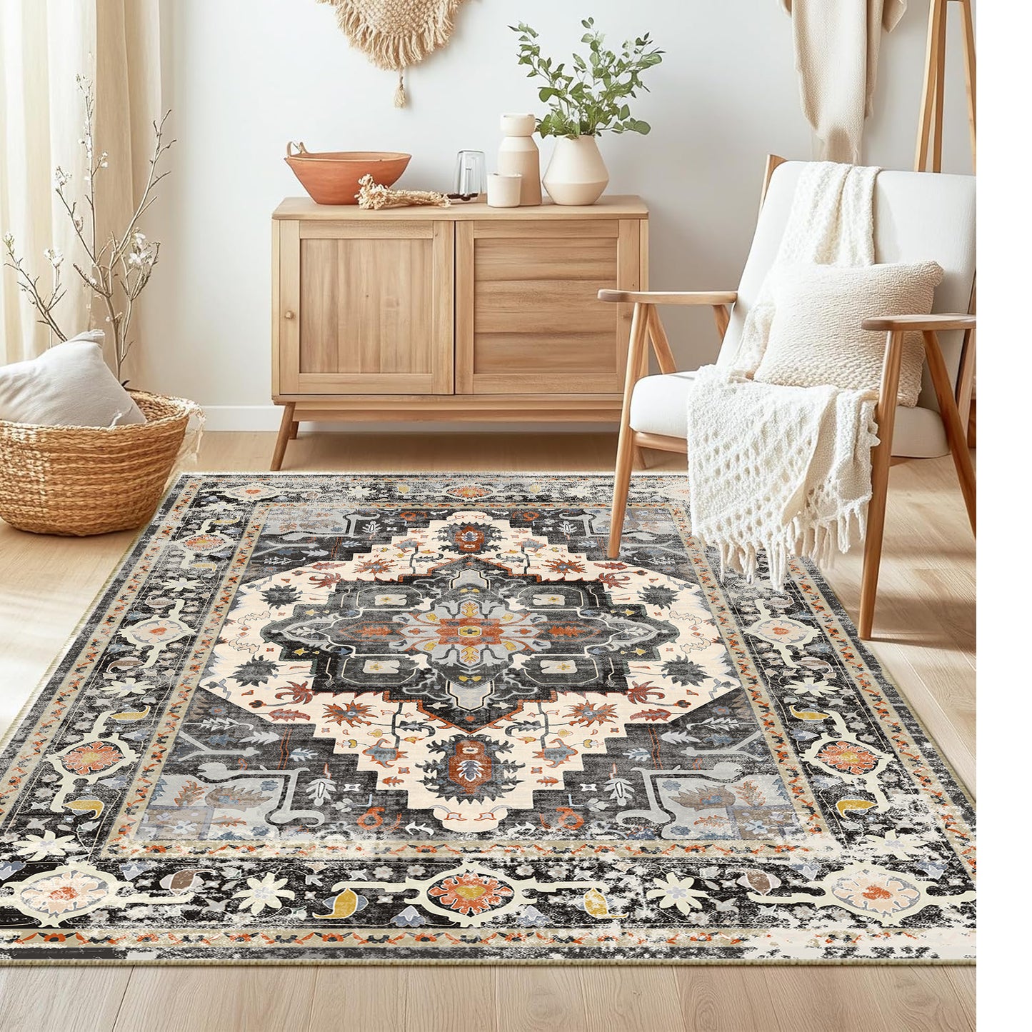 4x6 Rug - Stain Resistant Washable Rug, Anti Slip Backing Rugs for Living Room, Foldable Vintage Small Area Rugs, Black