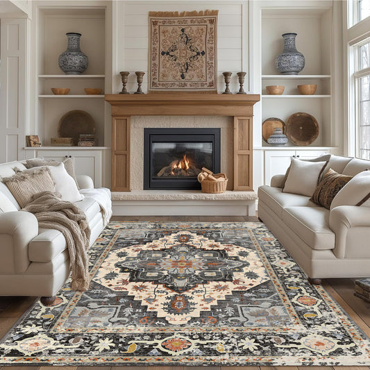 6x9 Area Rug, Super Soft Washable Rugs for Living Room, Non-Slip Stain Resistant Vintage Rugs, Ultra-Thin Large Area Rugs, Black