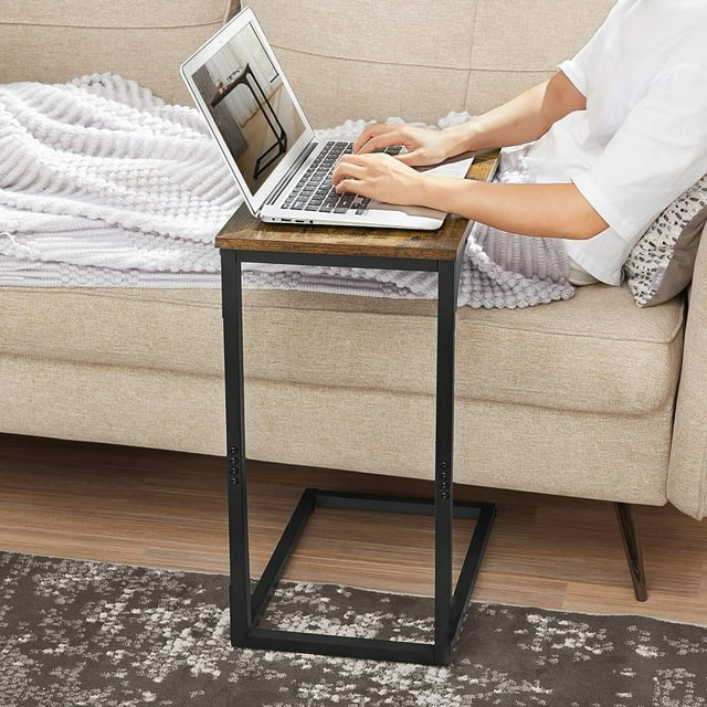 Dowellia C Shaped Metal and Wood Rectangle End Table Side Table for Living Room and Rooms, Brown Finish