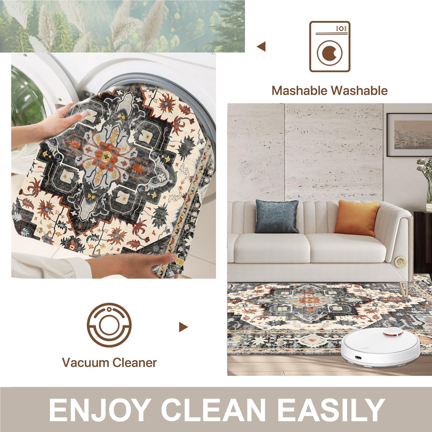 6x9 Area Rug, Super Soft Washable Rugs for Living Room, Non-Slip Stain Resistant Vintage Rugs, Ultra-Thin Large Area Rugs, Black
