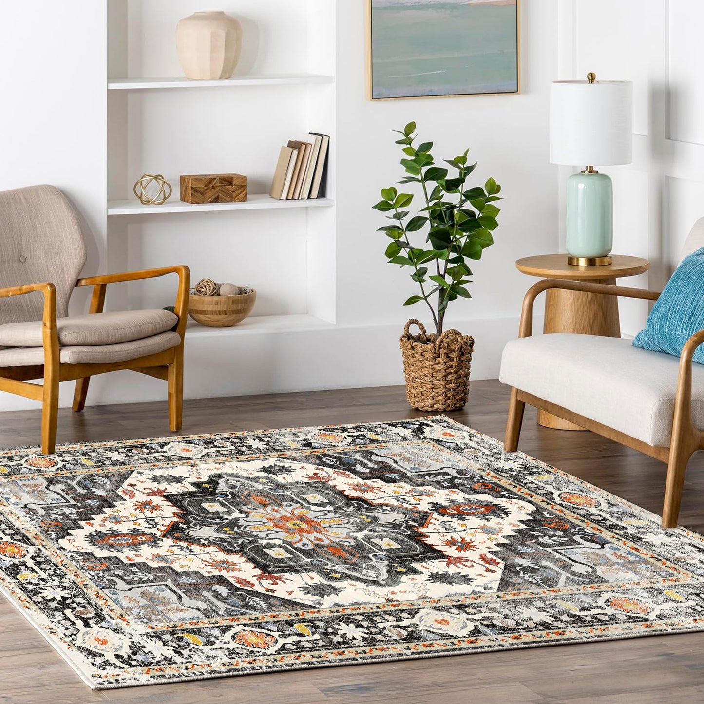 4x6 Rug - Stain Resistant Washable Rug, Anti Slip Backing Rugs for Living Room, Foldable Vintage Small Area Rugs, Black