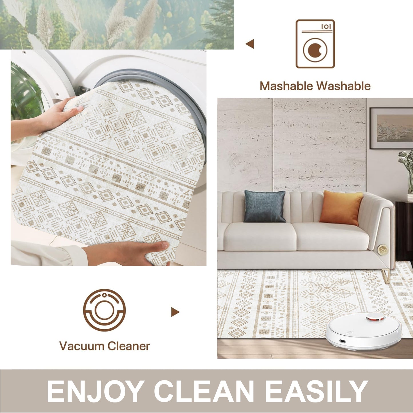 Khaki Boho 6x9 Area Rugs, Washable Kitchen Entry Rug Non Slip, Ultra Soft Print Distressed Geometric Low-Pile Throw Carpet for Bedroom Nursery Dorm Decor