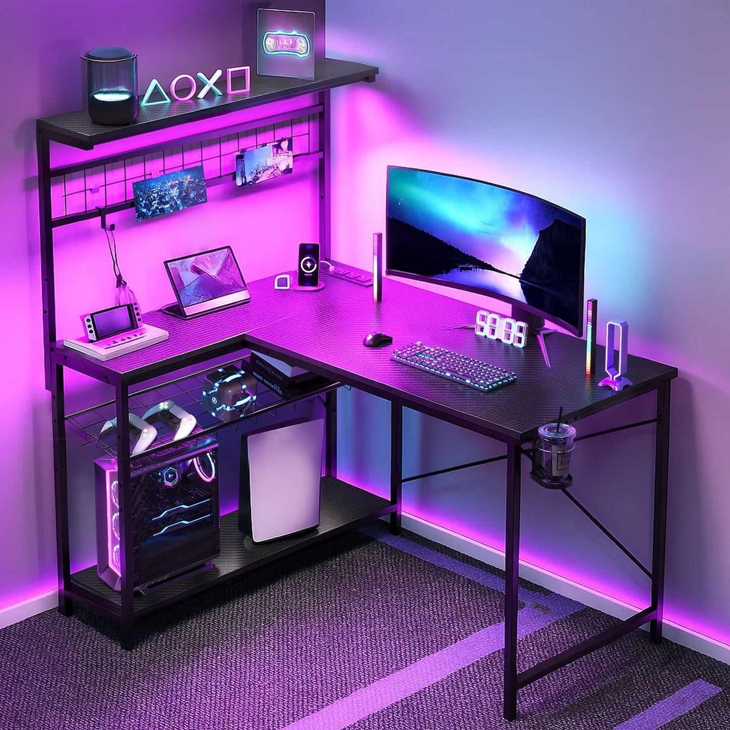 L Shaped Desk Gaming Desk with Power Outlet, 42 inch Reversible L Shaped Computer Table with Shelf & Storage Bag & Hook for Home Office, Black