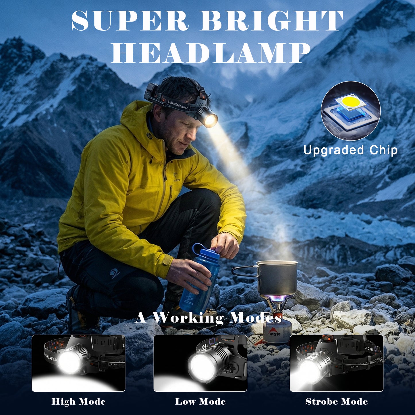 Dowellia LED Headlamp Rechargeable, 1000 Lumen Head Lamp with 3 Modes, IPX6 Waterproof, Zoomable & 90° Adjustable Headlight for Outdoor, Camping, Hiking, Hardhat, 2 Pack