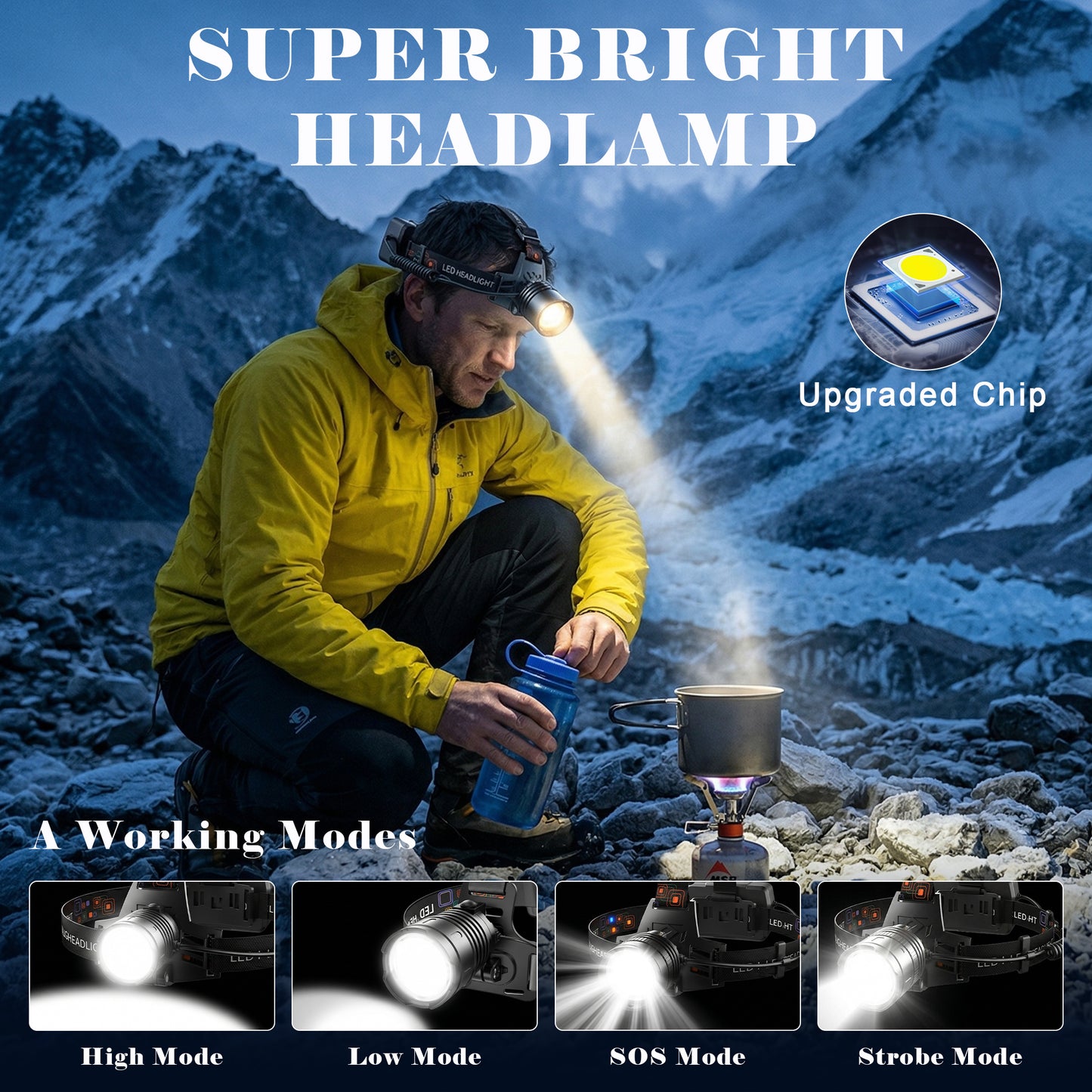 Dowellia LED Headlamp Rechargeable, 1000 Lumen Head Lamp with 3 Modes, IPX6 Waterproof, Zoomable & 90° Adjustable Headlight for Outdoor, Camping, Hiking, Hardhat, 1 Pack