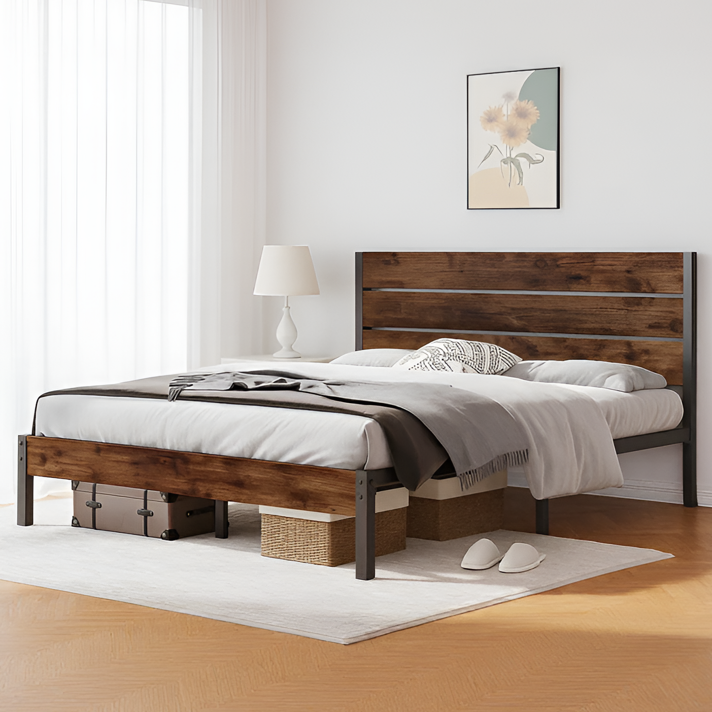 Dowellia Queen Bed Frame with Headboard and Footboard, Metal Support, Rustic Brown