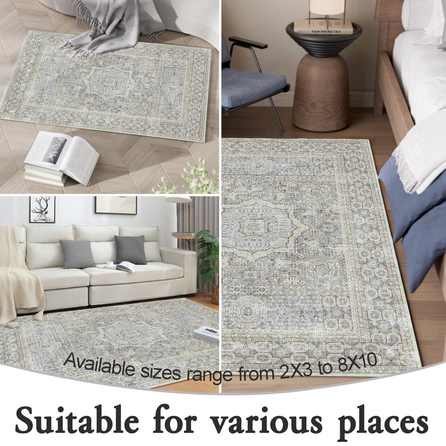 Area Rugs for Living Room 2'x 3' Machine Washable Vintage Print Large Throw Non Slip Bedroom Rugs