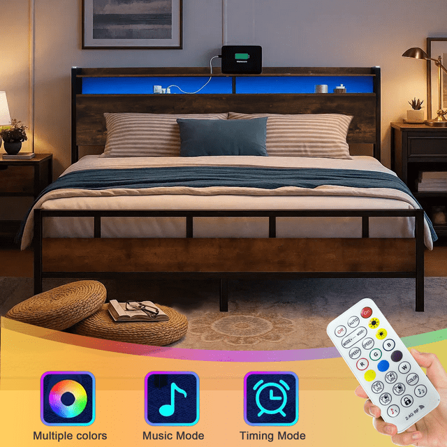 Queen Bed Frame with Storage Headboard, LED Lights and USB Charging Station, Metal Bed Frame, Rustic Brown