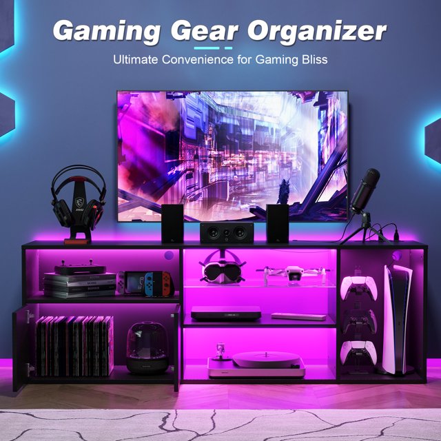 TV Stand for Living Room, Entertainment Center for TVs up to 65 inch, Console Table with Storage Adjustable Shelves, Carbon Fiber