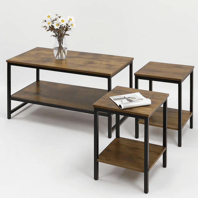 Dowellia 3-Piece Coffee Table Set for Living Room, End Table Set with Storage, Includes 1 Coffee Table and 2 End Tables, Rustic Brown
