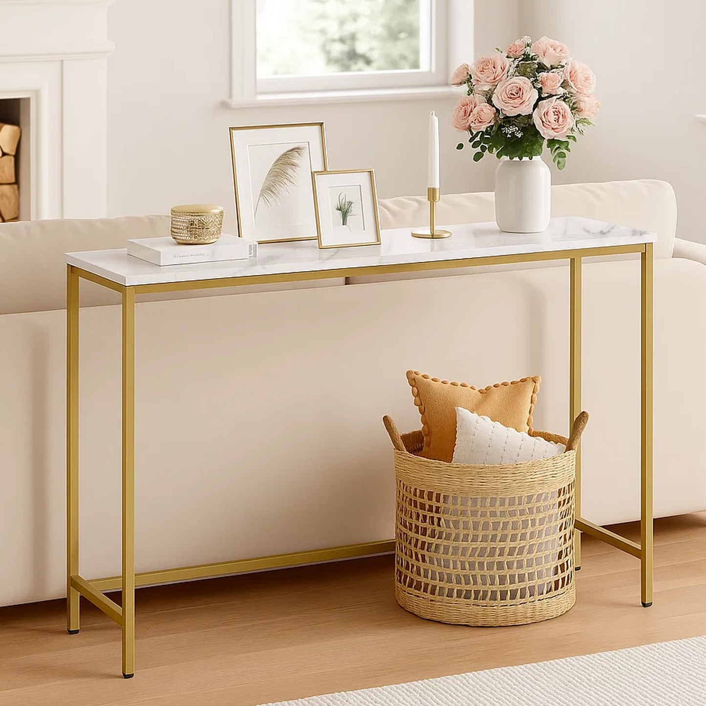 Dowellia Entryway Dresser, Faux Marble MDF Style Panel Sofa Table with Gold Border (Single, White Marble)