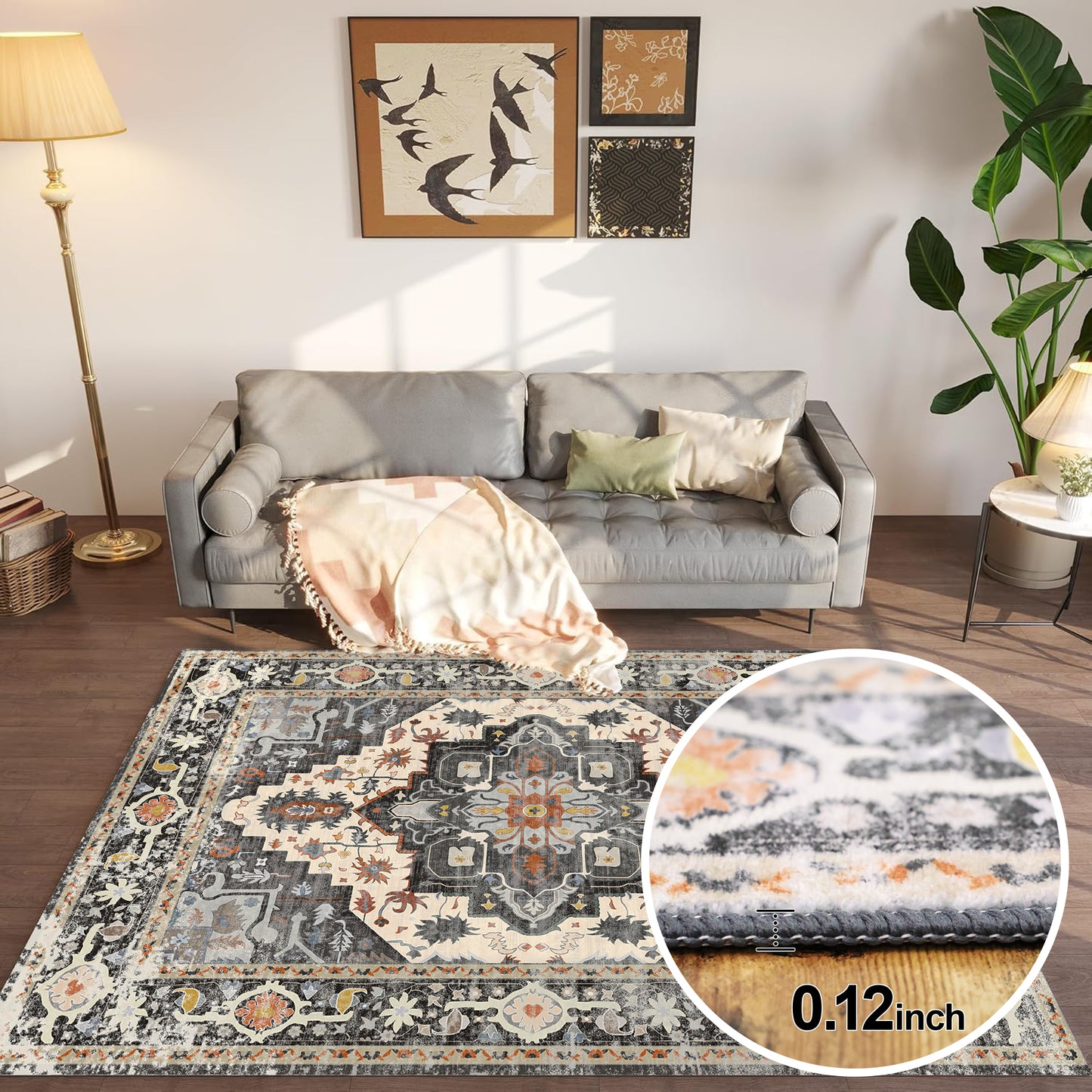 4x6 Rug - Stain Resistant Washable Rug, Anti Slip Backing Rugs for Living Room, Foldable Vintage Small Area Rugs, Black