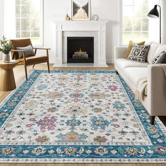 8x10 Area Rugs for Living Room,Non-Slip Backing Washable Rugs,Vintage Large Area Rug,Stain Resistant Home Decor Rug, Indigo