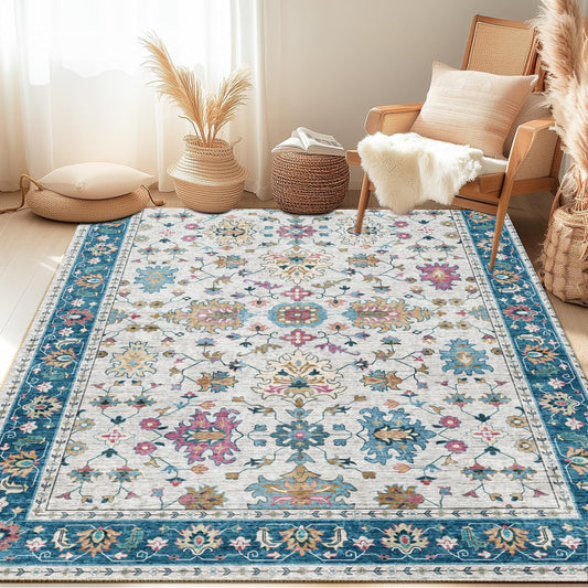 5x7 Area Rugs - Ultra-Thin Washble Rug, Stain Resistant Anti Slip Backing Rugs for Living Room,Bedroom, Vintage Home Decor Area Rug, Indigo