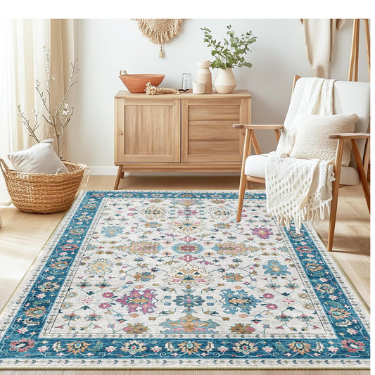 4x6 Rug - Stain Resistant Washable Rug, Anti Slip Backing Rugs for Living Room, Foldable Vintage Small Area Rugs, Indigo