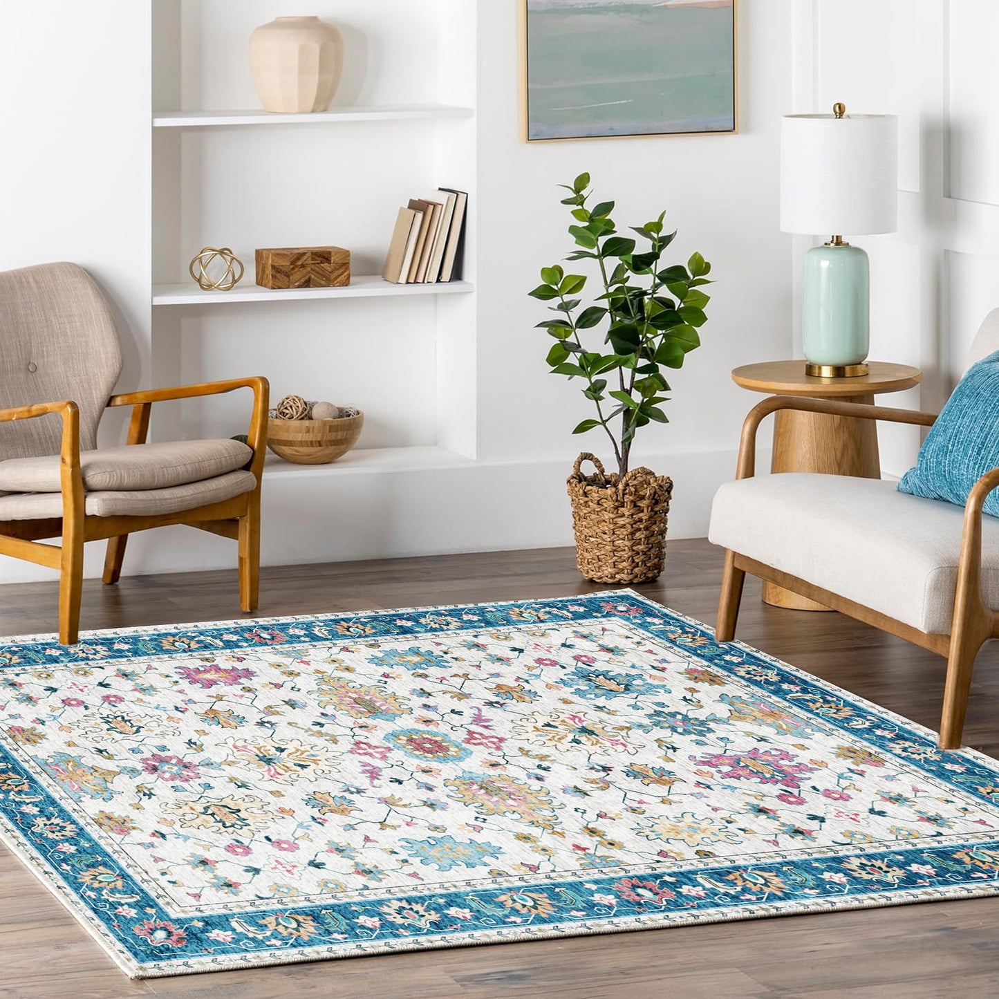 4x6 Rug - Stain Resistant Washable Rug, Anti Slip Backing Rugs for Living Room, Foldable Vintage Small Area Rugs, Indigo
