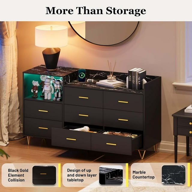 Dresser, Wooden Dresser for Bedroom, 8 Drawer Dresser with Charging Station, Black
