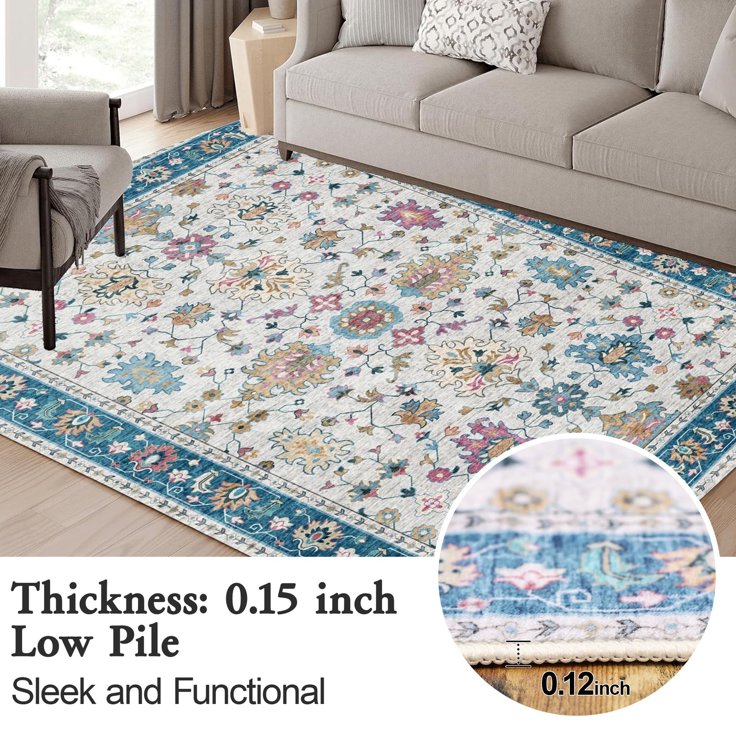 6x9 Area Rug, Super Soft Washable Rugs for Living Room, Non-Slip Stain Resistant Vintage Rugs, Ultra-Thin Large Area Rugs, Indigo