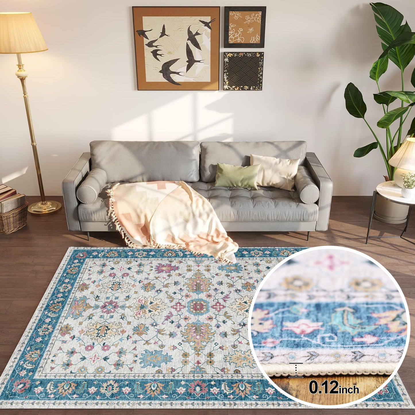 4x6 Rug - Stain Resistant Washable Rug, Anti Slip Backing Rugs for Living Room, Foldable Vintage Small Area Rugs, Indigo