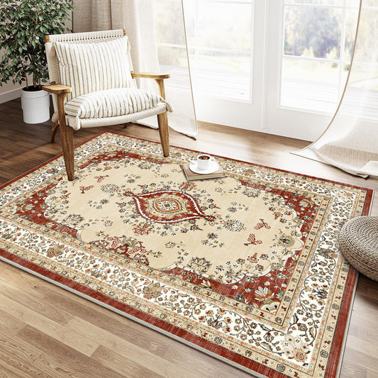 3x5 Rug Ultra Soft Washable Rug, Non Slip Area Rug Indoor Entrance, Stain Resistant Rugs for Living Room Bedroom, Vintage Home Decor Area Rugs, Red