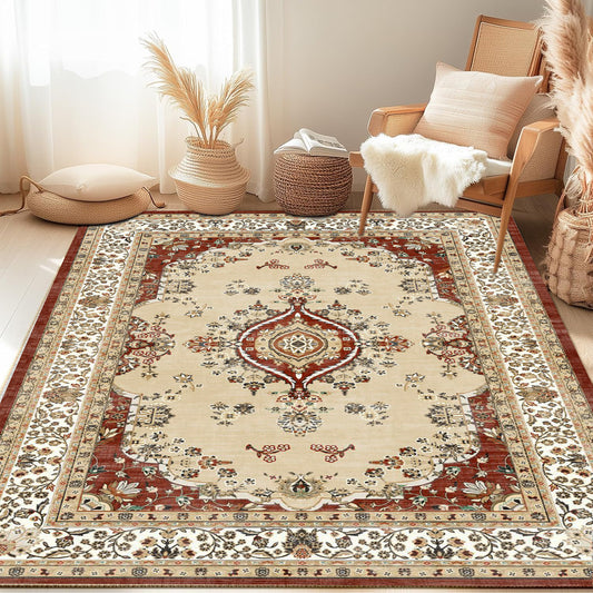 5x7 Area Rugs - Ultra-Thin Washble Rug, Stain Resistant Anti Slip Backing Rugs for Living Room,Bedroom, Vintage Home Decor Area Rug, Red