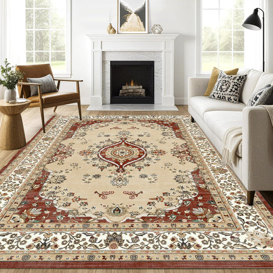 8x10 Area Rugs for Living Room,Non-Slip Backing Washable Rugs,Vintage Large Area Rug,Stain Resistant Home Decor Rug, Red