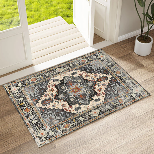 2x3 Entryway Rug, Soft Washable Rugs, Non Slip Area Rug, Stain Resistant Low Pile Rugs for Bedroom, Vintage Rug for Door Mat, Black