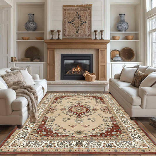 6x9 Area Rug, Super Soft Washable Rugs for Living Room, Non-Slip Stain Resistant Vintage Rugs, Ultra-Thin Large Area Rugs, Red