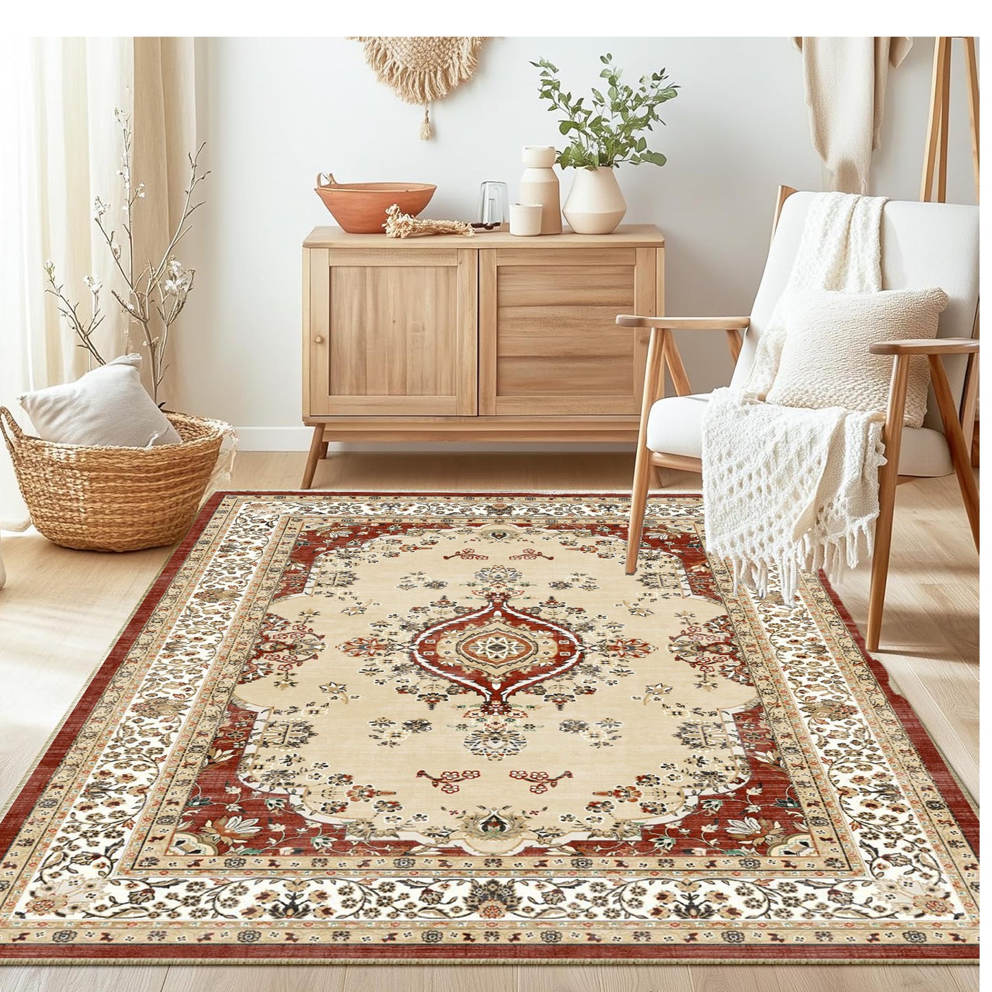 4x6 Rug - Stain Resistant Washable Rug, Anti Slip Backing Rugs for Living Room, Foldable Vintage Small Area Rugs, Red