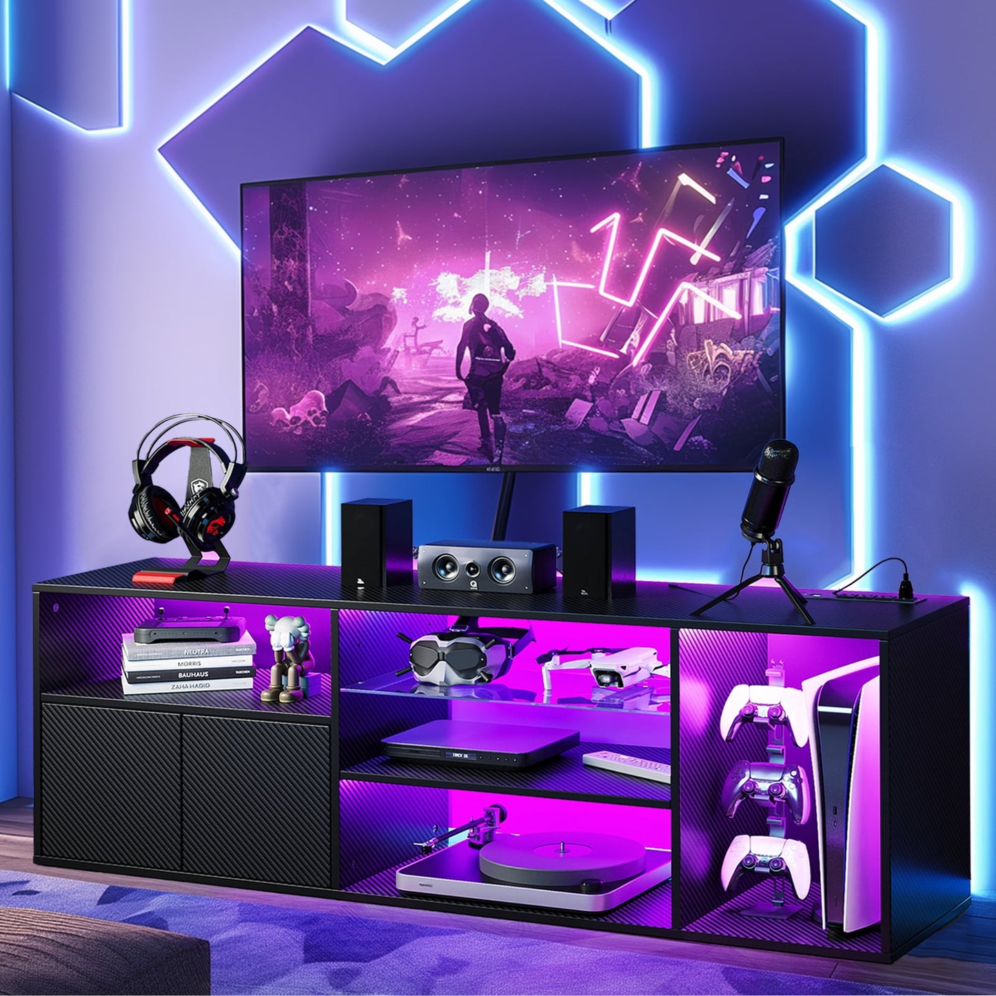 TV Stand for Living Room, Entertainment Center for TVs up to 65 inch, Console Table with Storage Adjustable Shelves, Carbon Fiber