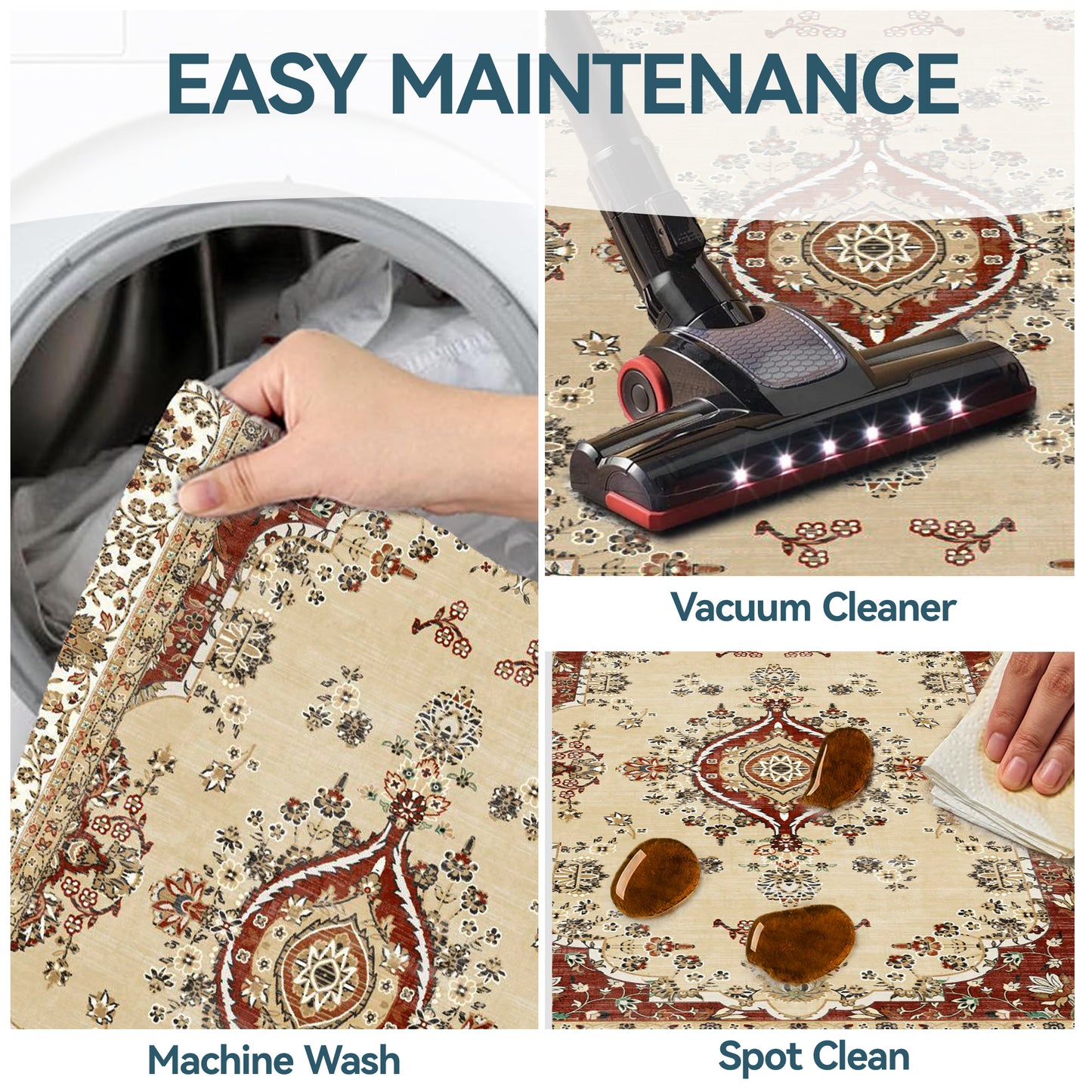 4x6 Rug - Stain Resistant Washable Rug, Anti Slip Backing Rugs for Living Room, Foldable Vintage Small Area Rugs, Red