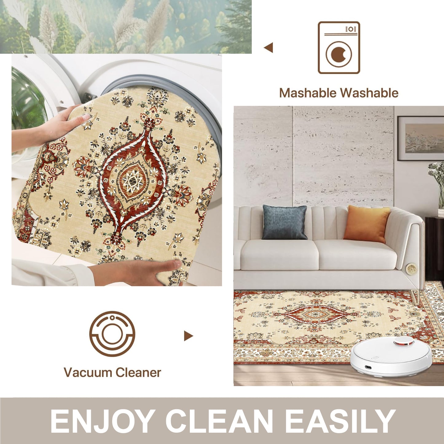 6x9 Area Rug, Super Soft Washable Rugs for Living Room, Non-Slip Stain Resistant Vintage Rugs, Ultra-Thin Large Area Rugs, Red