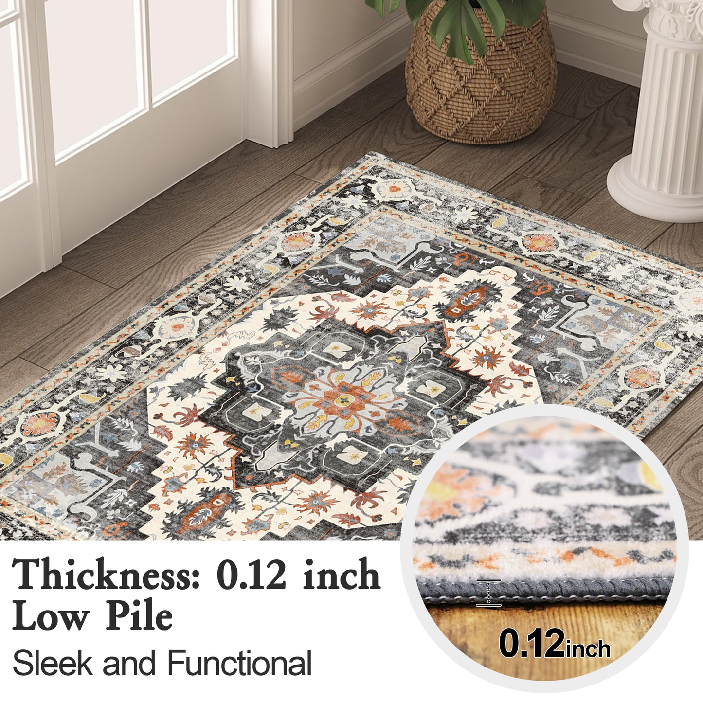 2x3 Entryway Rug, Soft Washable Rugs, Non Slip Area Rug, Stain Resistant Low Pile Rugs for Bedroom, Vintage Rug for Door Mat, Black