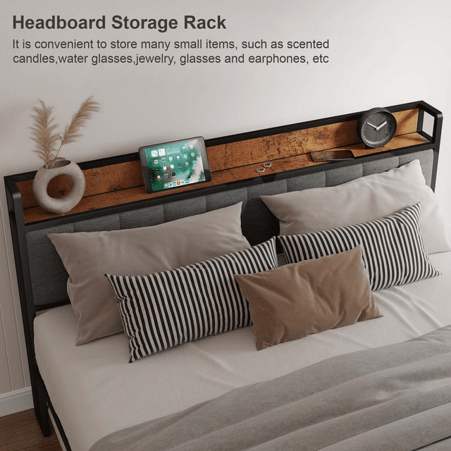 Dowellia Queen Bed Frame with Upholstered Storage Headboard and Wood Footboard, Gray