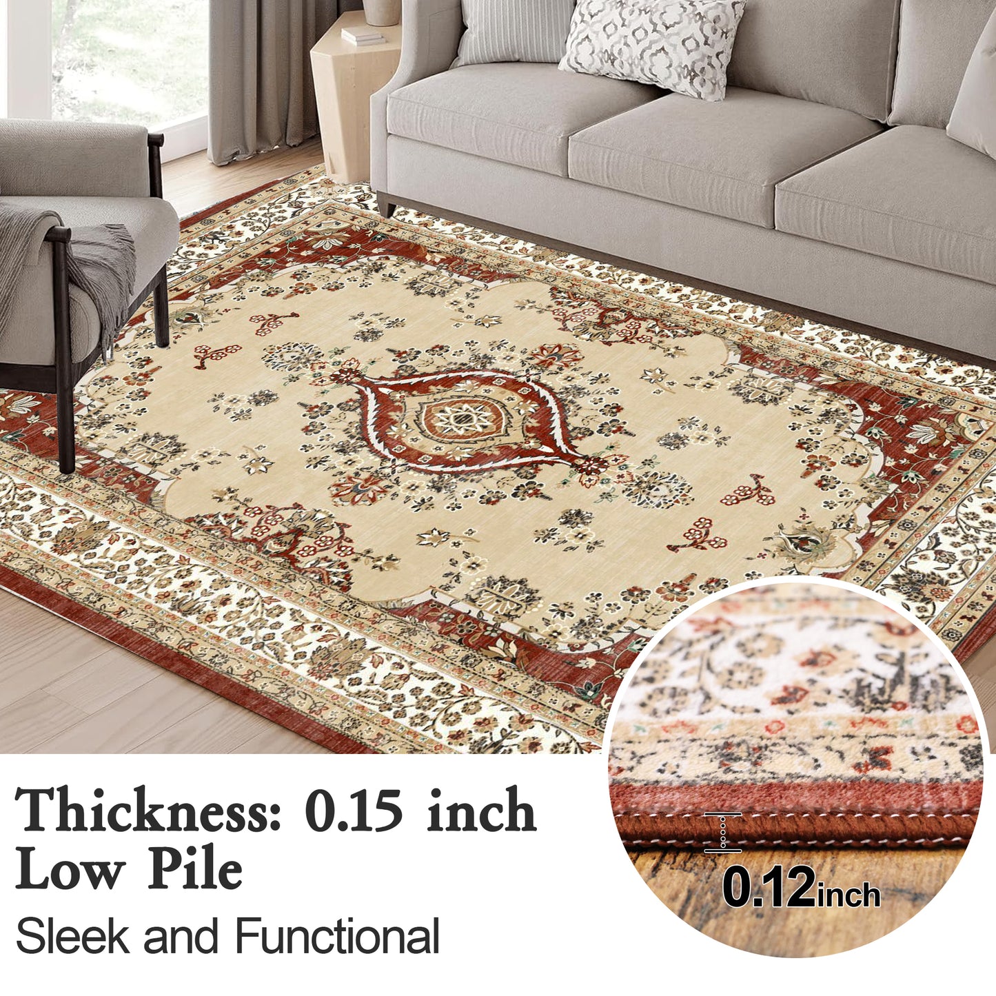 6x9 Area Rug, Super Soft Washable Rugs for Living Room, Non-Slip Stain Resistant Vintage Rugs, Ultra-Thin Large Area Rugs, Red